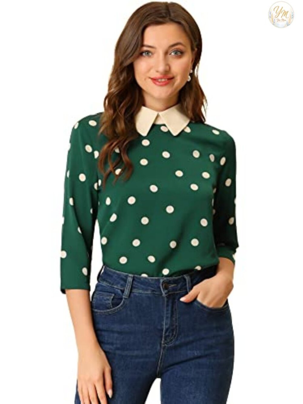 Polka Dot Peter Pan Collar Blouse 3/4 Sleeve Keyhole Back